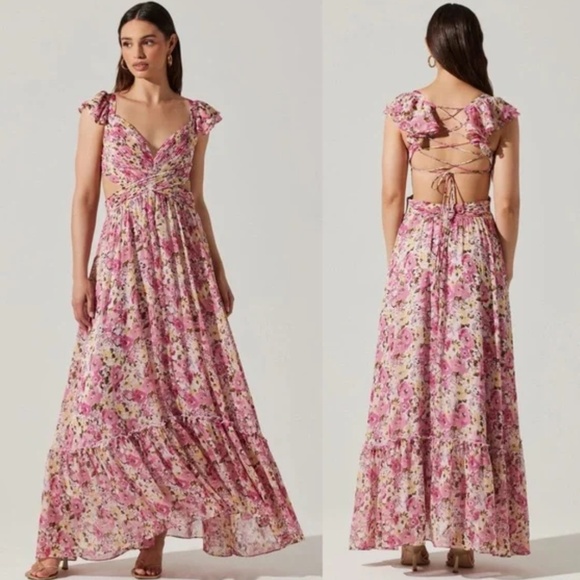 Astr Dresses & Skirts - Astr The Label Primrose Maxi Dress - Pink Aqua Floral Lace-Up-Back Size M